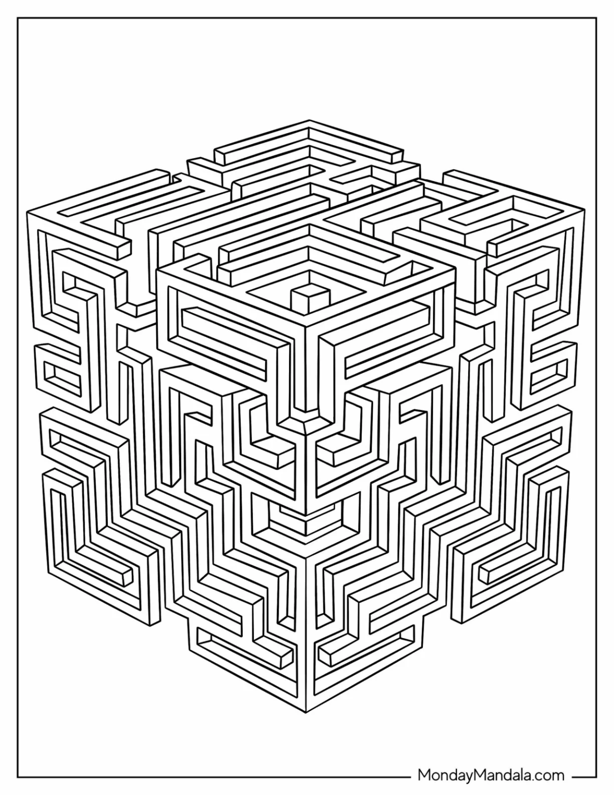 Large Geometric Cube Maze Coloring Sheet coloring page — printable line art