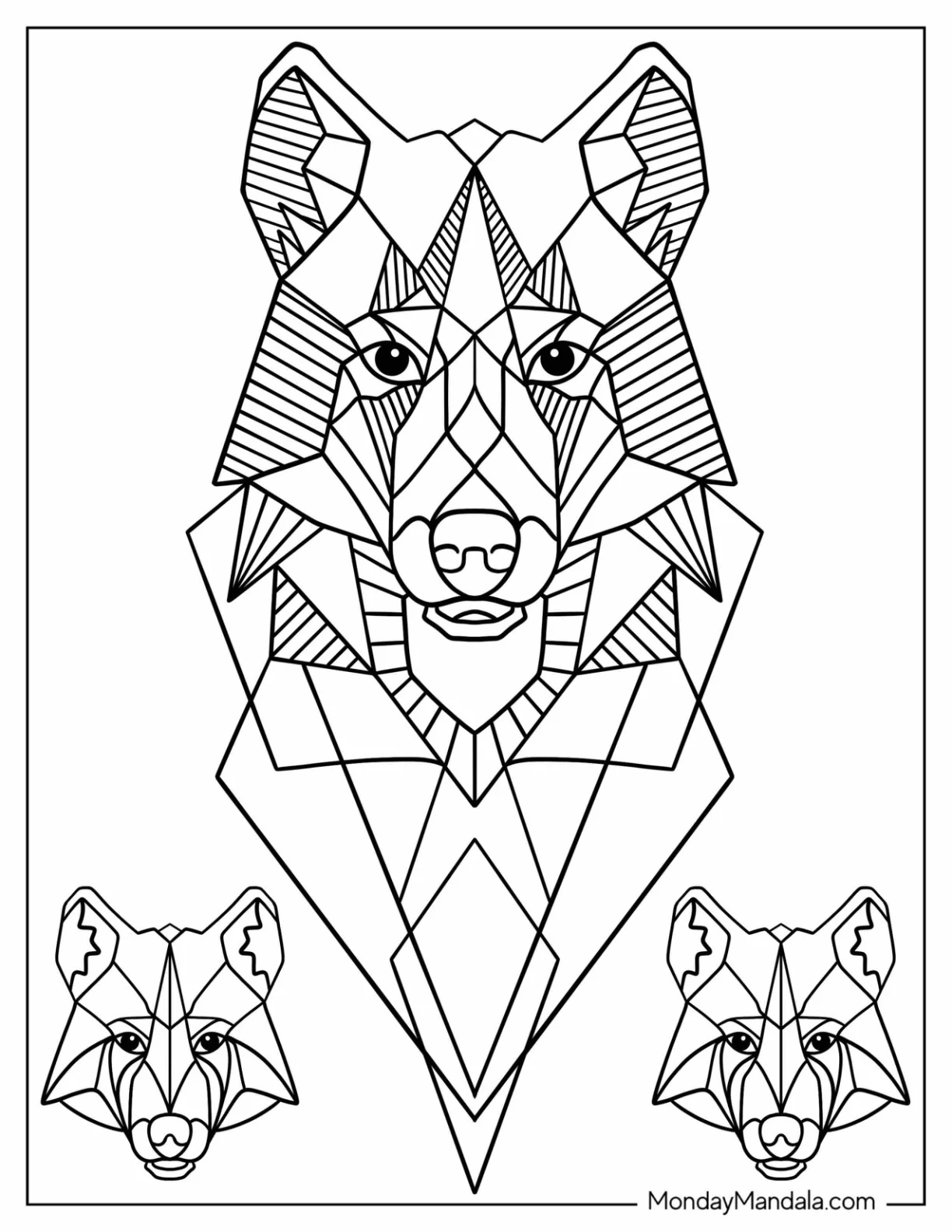 Three Geometric Dog Faces Coloring Pages coloring page — printable line art