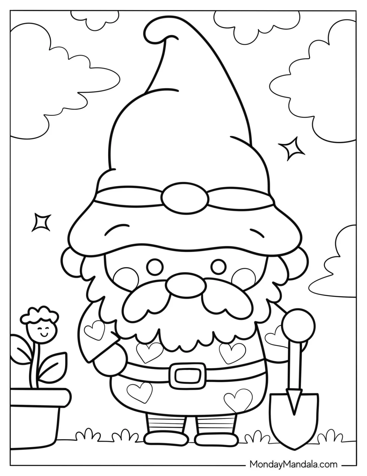 Adorable Gnome Coloring Page Holding A Shovel In A Garden For Preschoolers coloring page