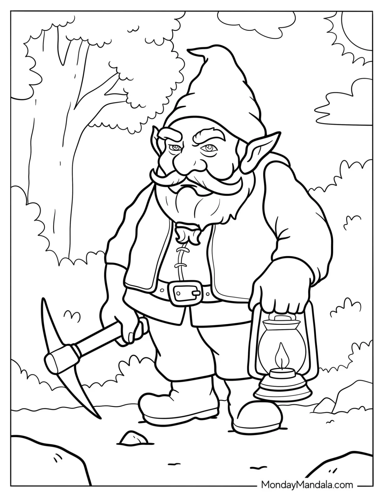 Angry Gnome Coloring Page With A Lamp And Pickaxe coloring page