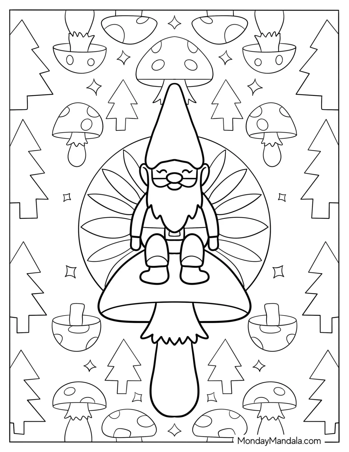 Baby Gnome Coloring Page Sitting On a Mushroom For Kids coloring page