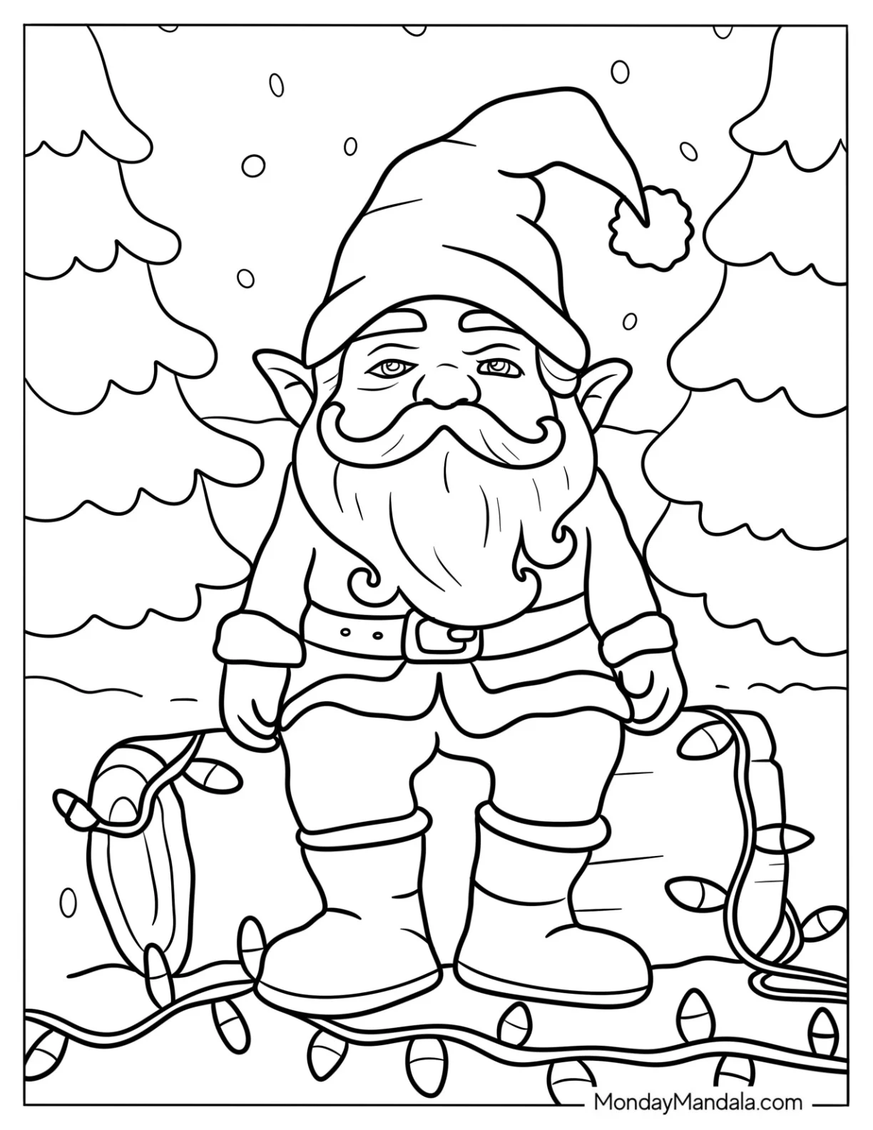 Christmas Gnome Coloring Page Sitting On A Log With A String Of Lights coloring page