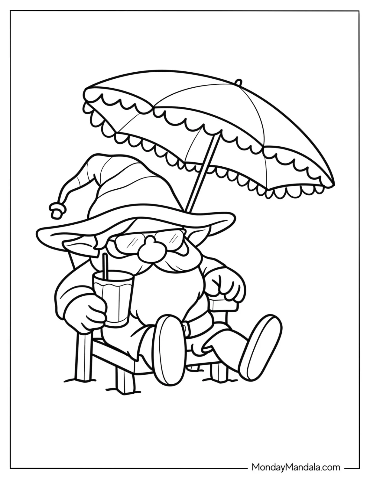 Cool Gnome Coloring Page In Sunglasses Lounging Under a Beach Umbrella coloring page
