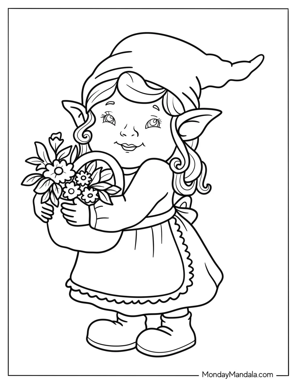 Cute Girl Gnome Coloring Page Hugging A Flower Basket For Kids coloring page