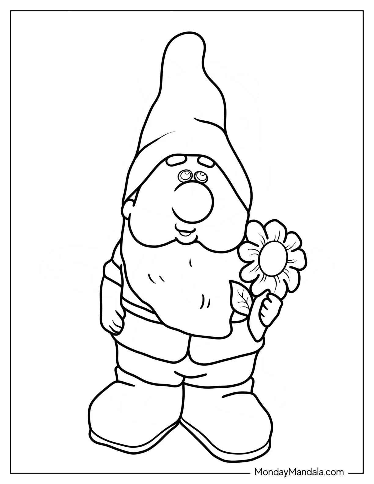Cute Gnome Coloring Page Holding Flower Outline coloring page