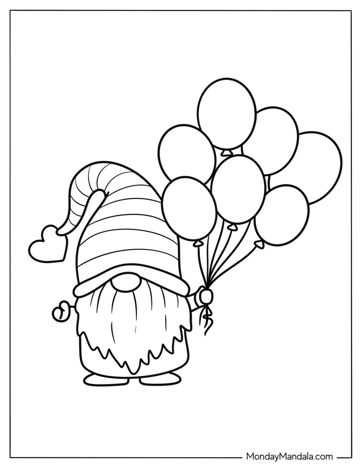 Cute Gnome Coloring Page With Striped Hat Holding A Lot Of Balloons coloring page
