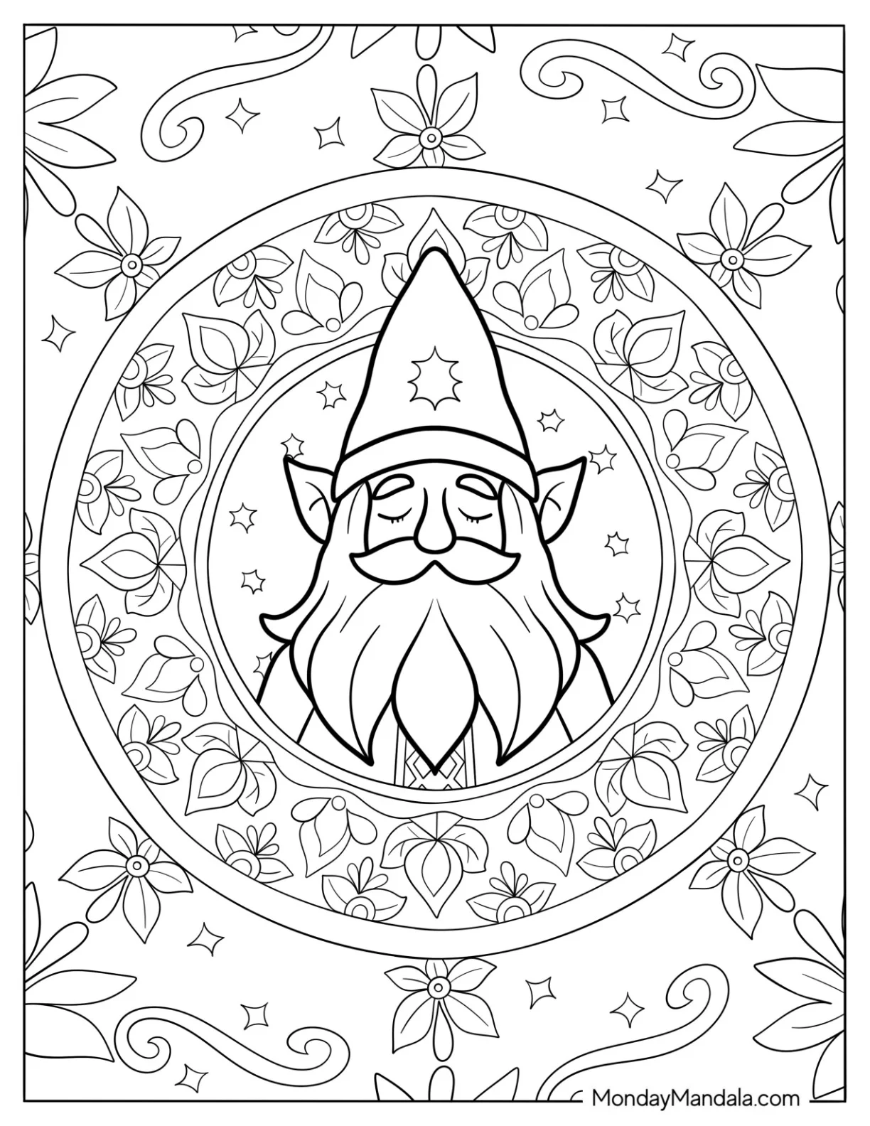 Floral Mandala With A Gnome Coloring Page At The Center coloring page