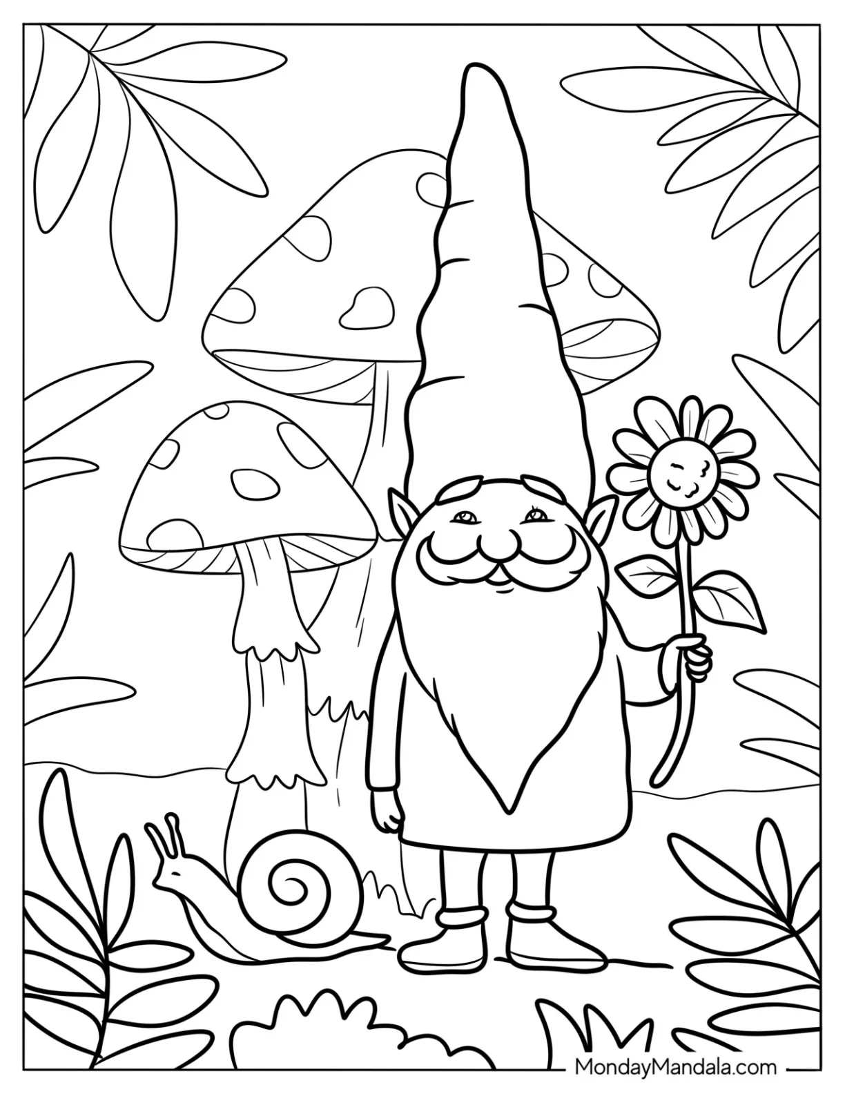 Friendly Gnome Coloring Page Holding Up A Sunflower For Kids coloring page