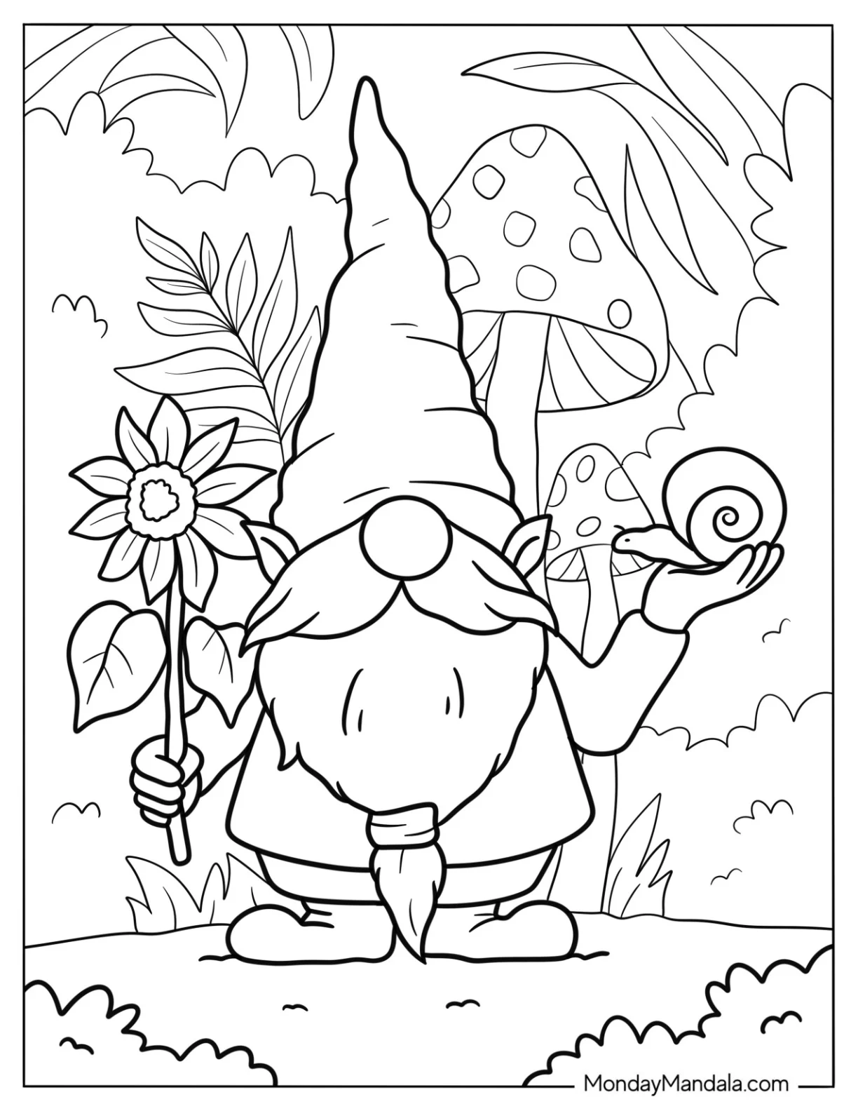 Garden Gnome Coloring Page Holding A Flower And A Snail coloring page