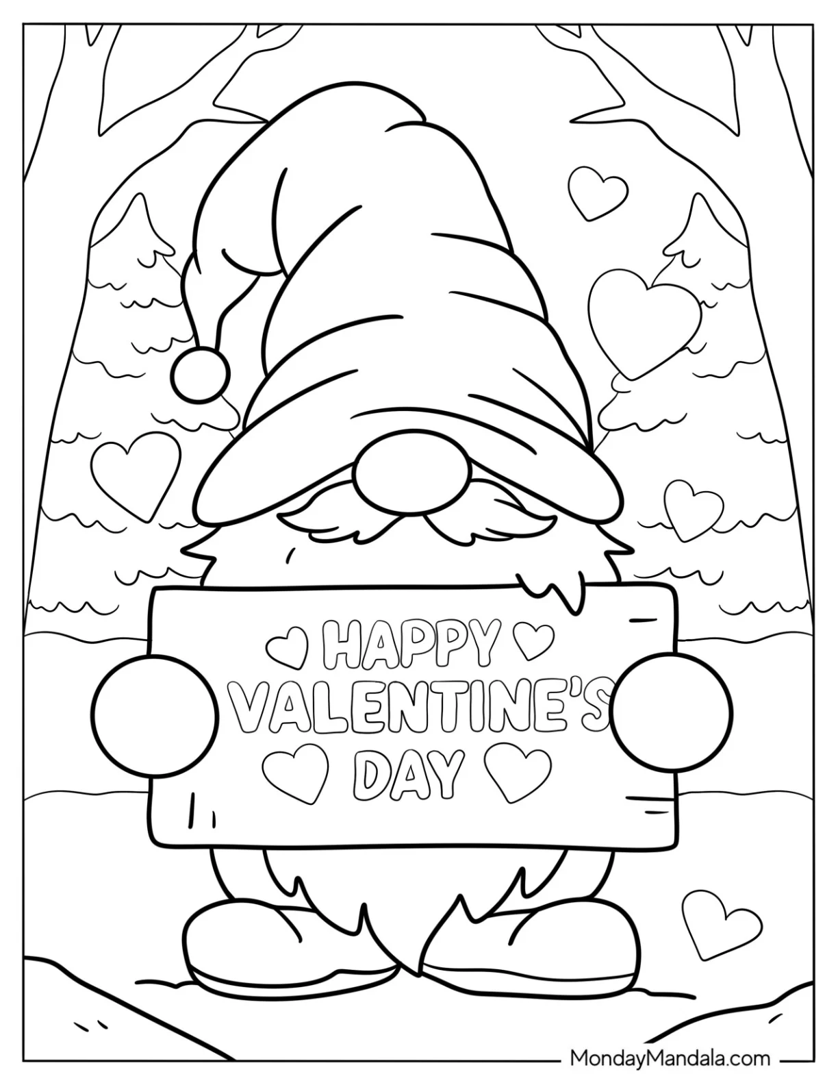 Gnome Coloring Page Holding A Happy Valentine s Day Sign With Love Hearts coloring page