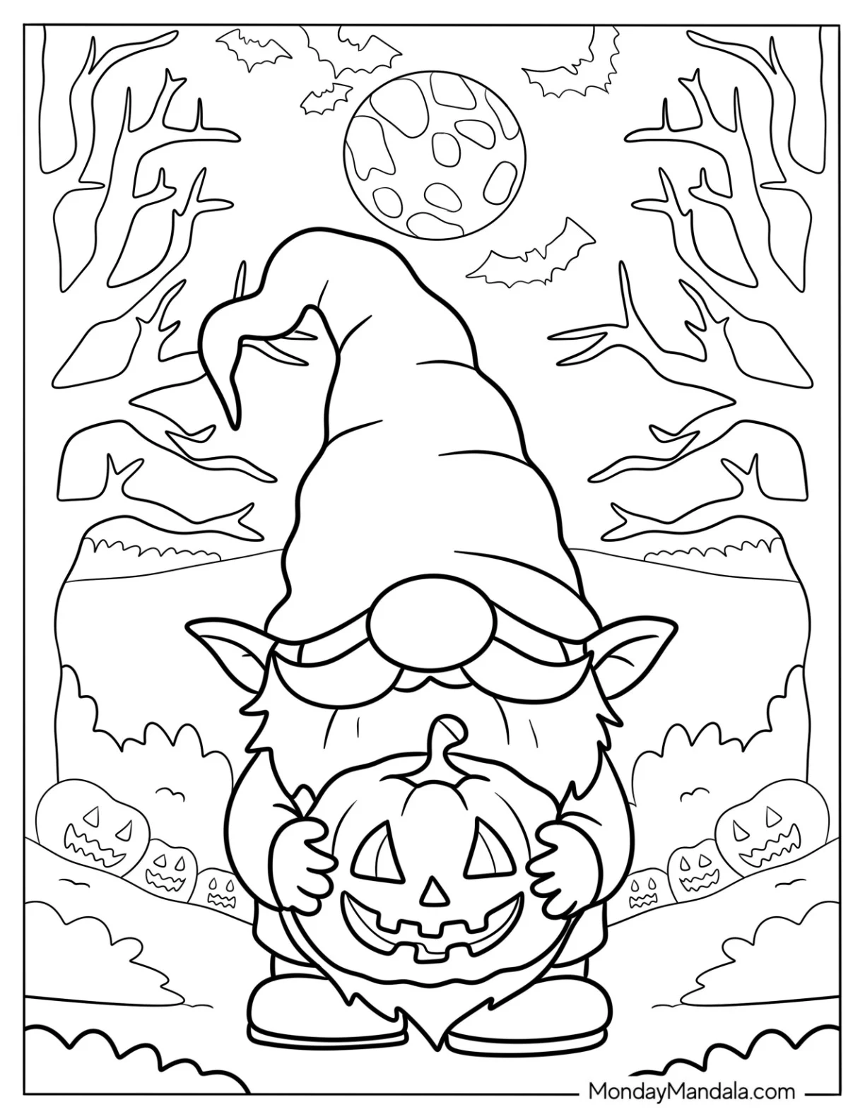Gnome Coloring Page Holding A Jack O Lantern On Halloween coloring page