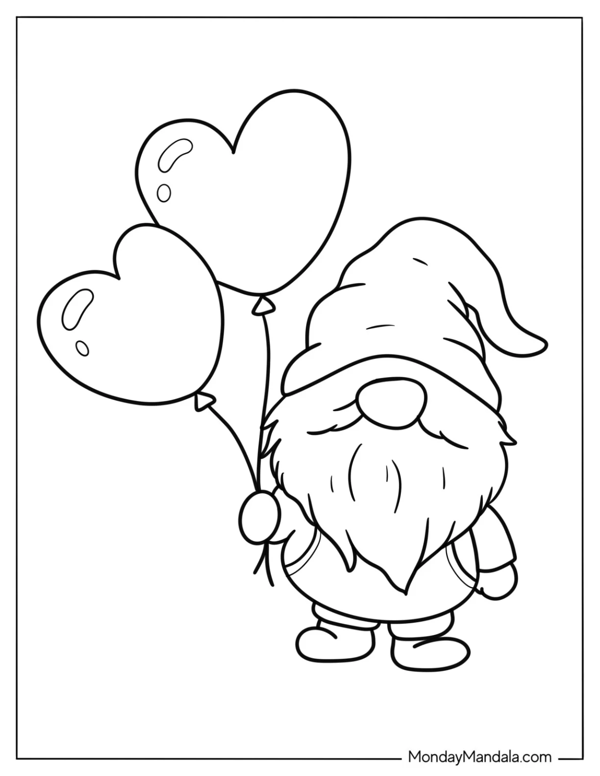 Gnome Coloring Page Holding Two Love Heart Balloons For Preschoolers coloring page