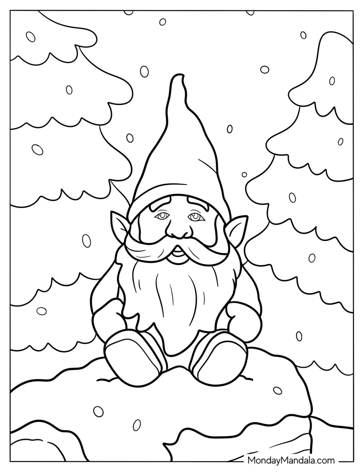 Gnome Coloring Page Sitting On A Stone In Winter coloring page