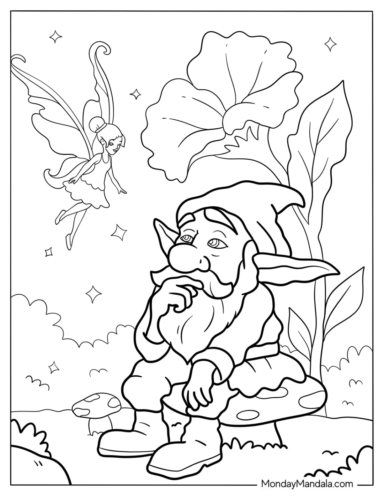 Gnome Coloring Page Talking To A Fairy Under A Flower coloring page