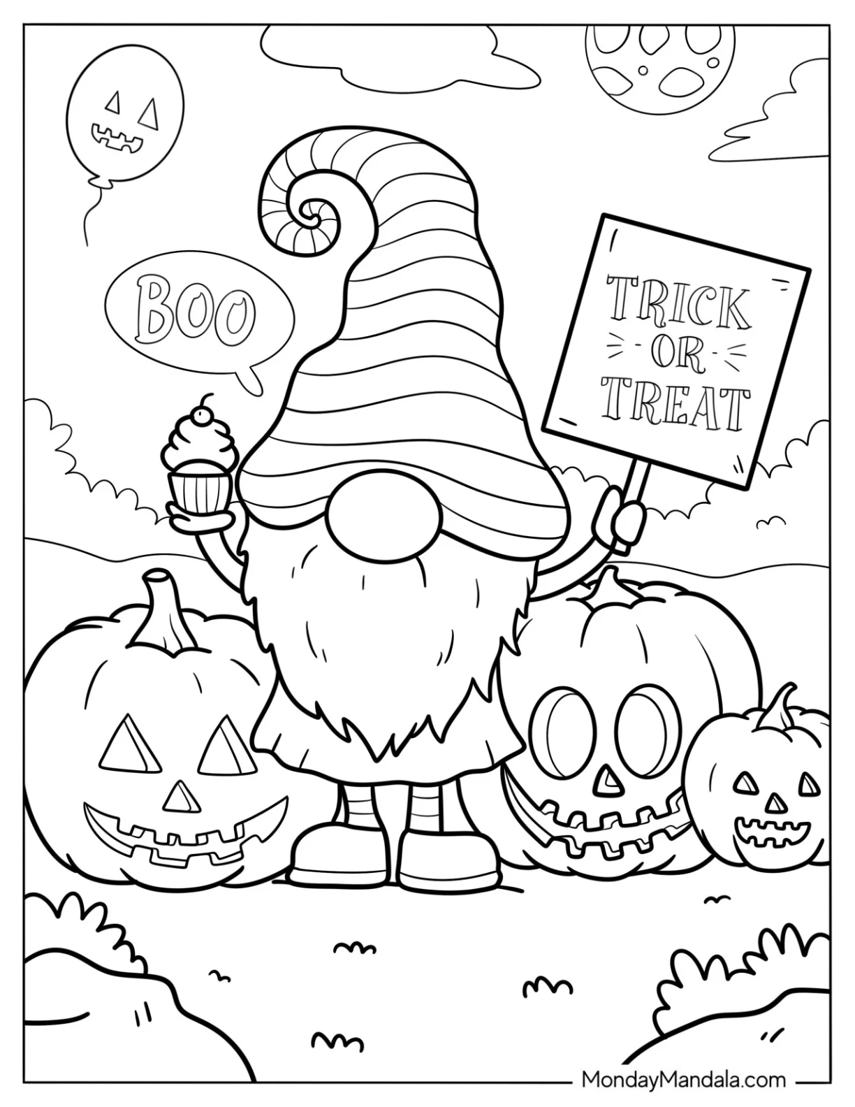 Gnome Coloring Page Trick Or Treating On Halloween coloring page