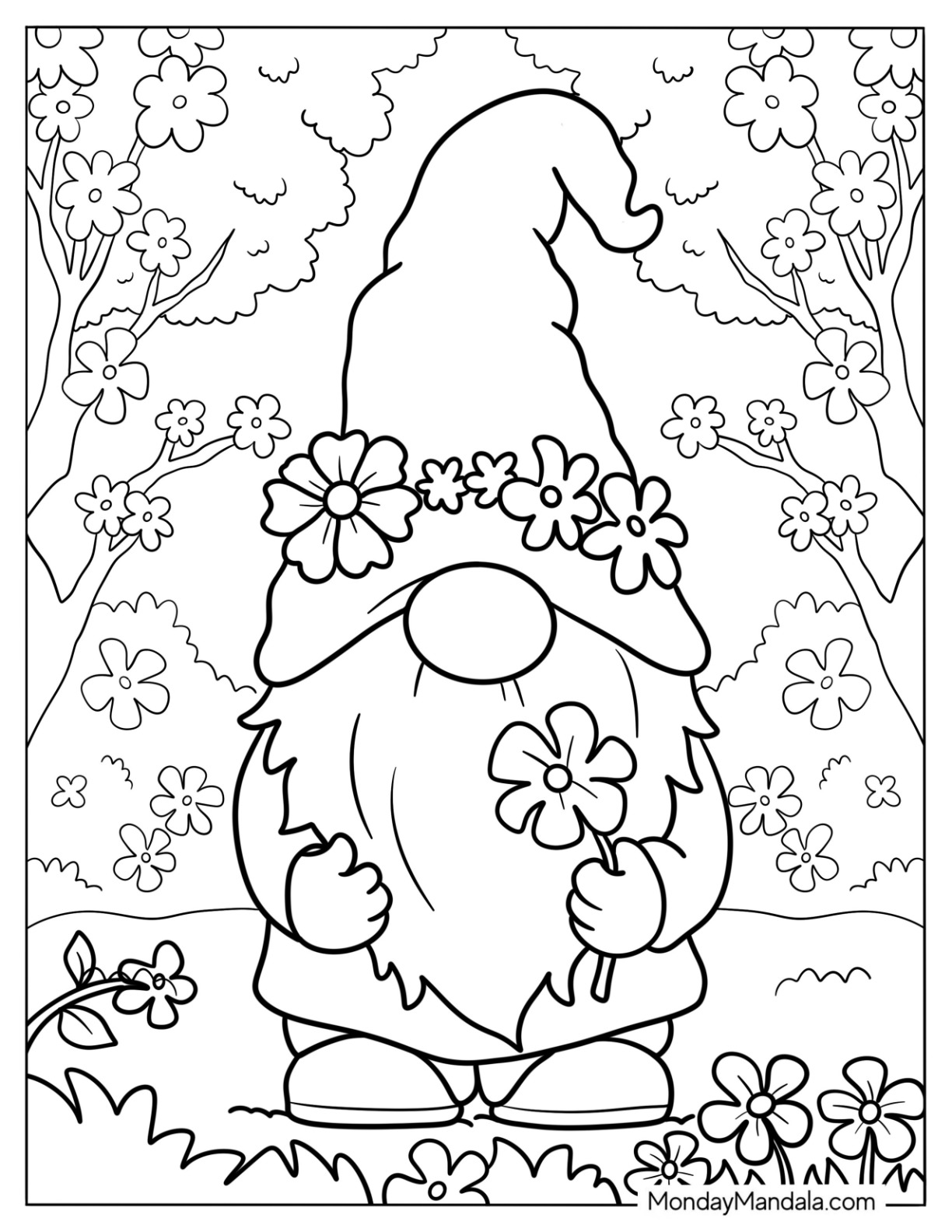 Gnome Coloring Page Wearing A Flower Wreath coloring page