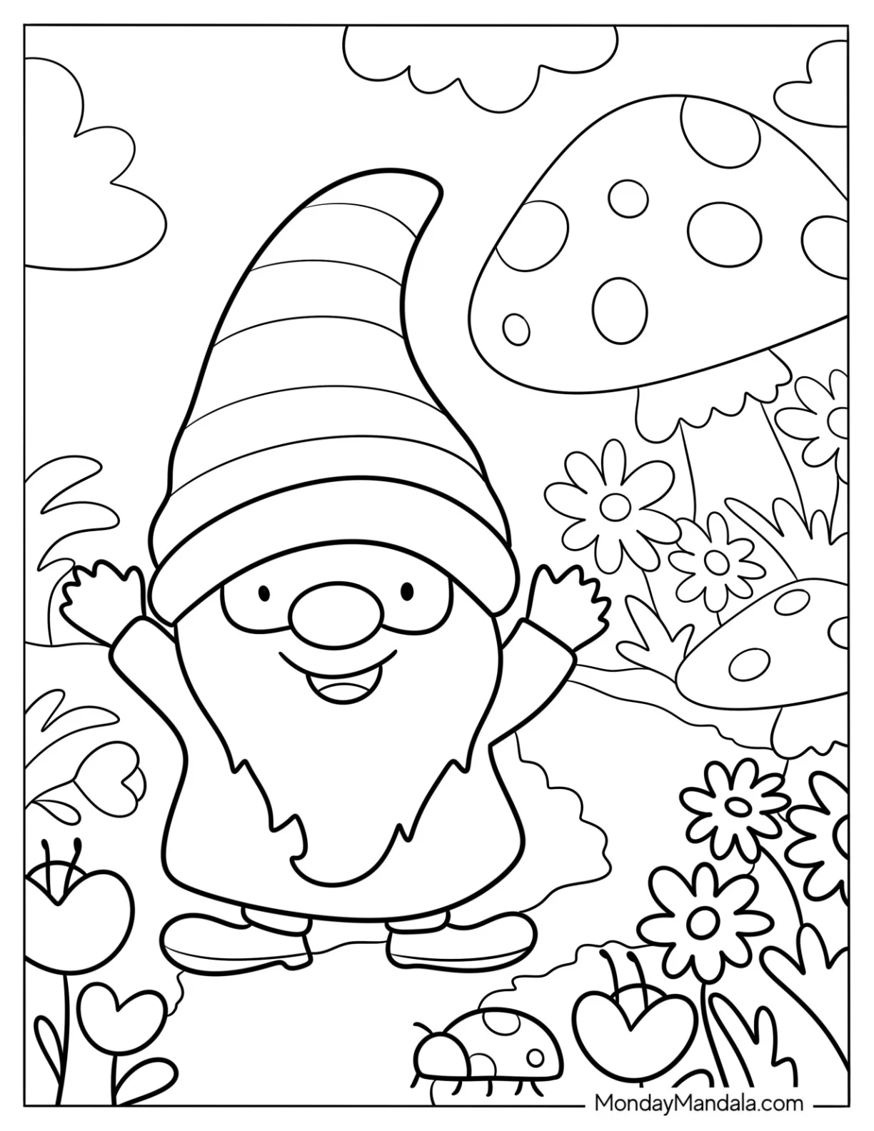 Happy Little Gnome Coloring Page Cheering In A Garden coloring page
