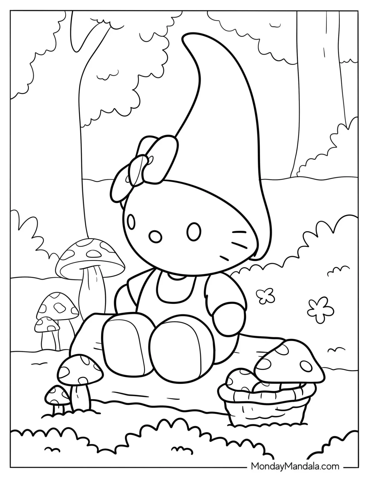 Hello Kitty Gnome Coloring Page Sitting On A Log Beside Mushrooms coloring page