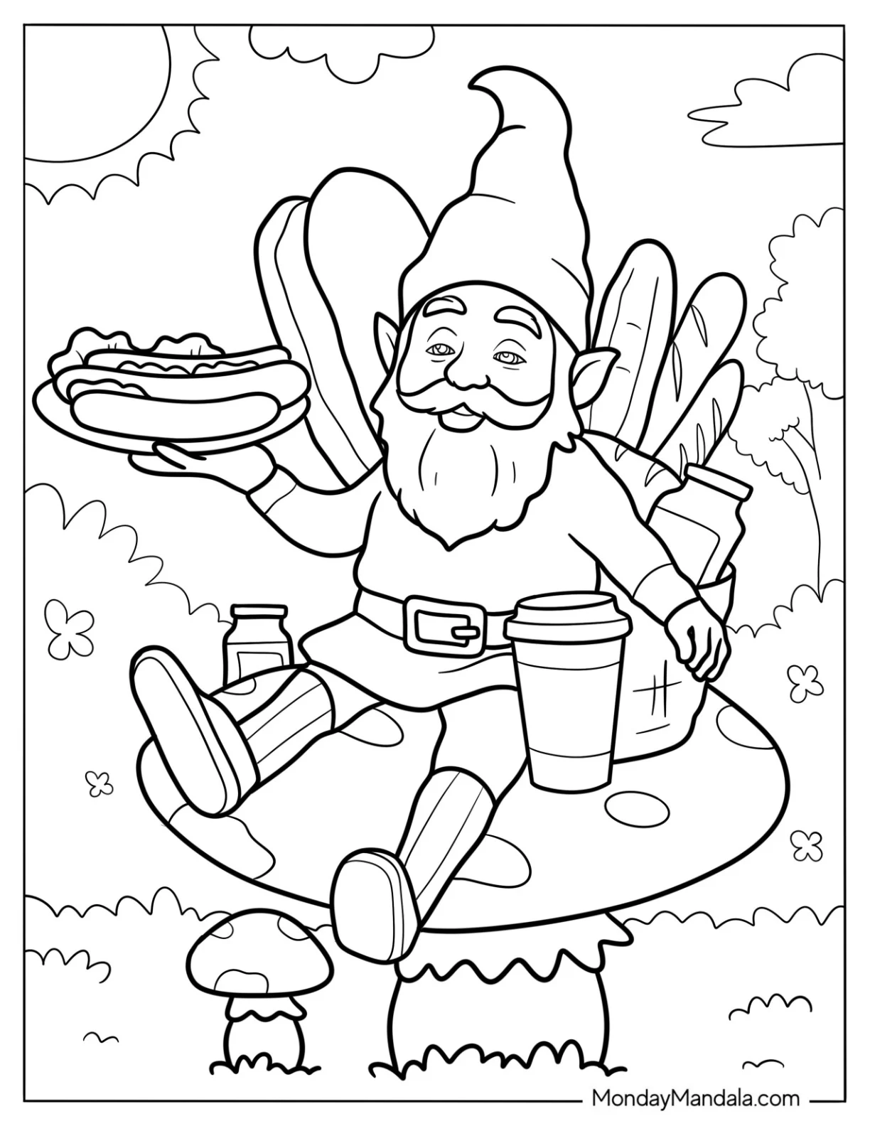 Hungry Gnome Coloring Page On A Mushroom Holding Up A Plate Of Hotdogs coloring page