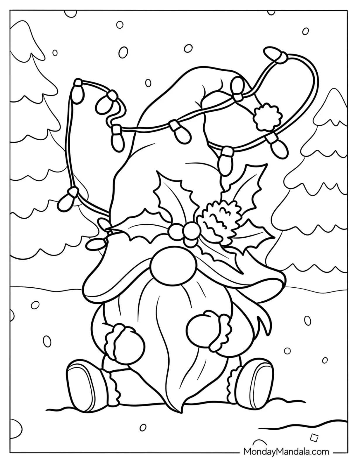 Kawaii Gnome Coloring Page With A Large Nose Wrapped In Christmas Lights coloring page