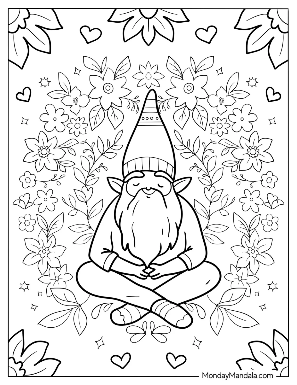 Meditating Gnome Coloring Page Surrounded By Flowers coloring page