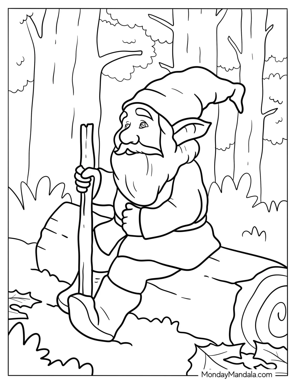 Old Gnome Coloring Page Resting On A Log While Holding His Staff coloring page