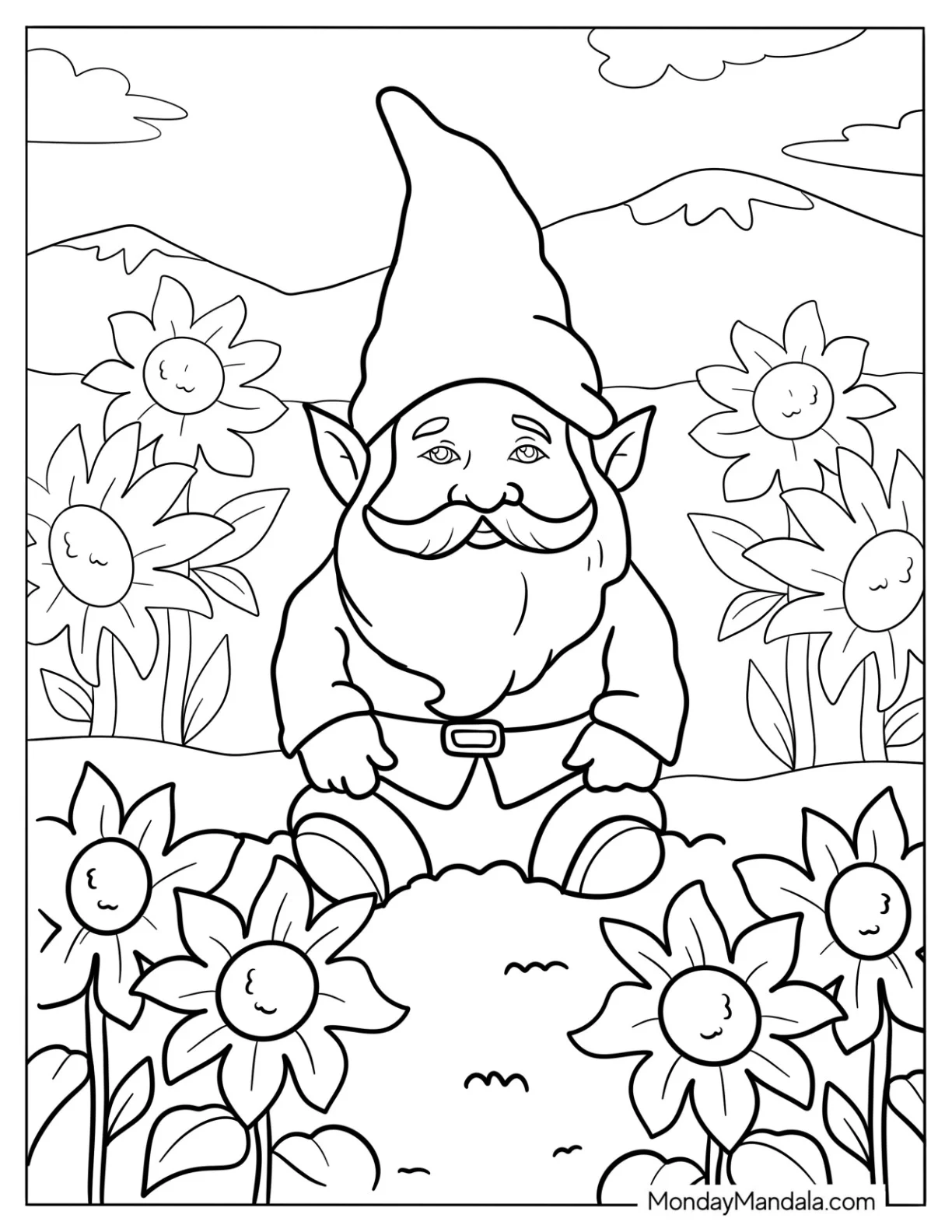 Realistic Gnome Coloring Page In A Flower Garden For Kids coloring page