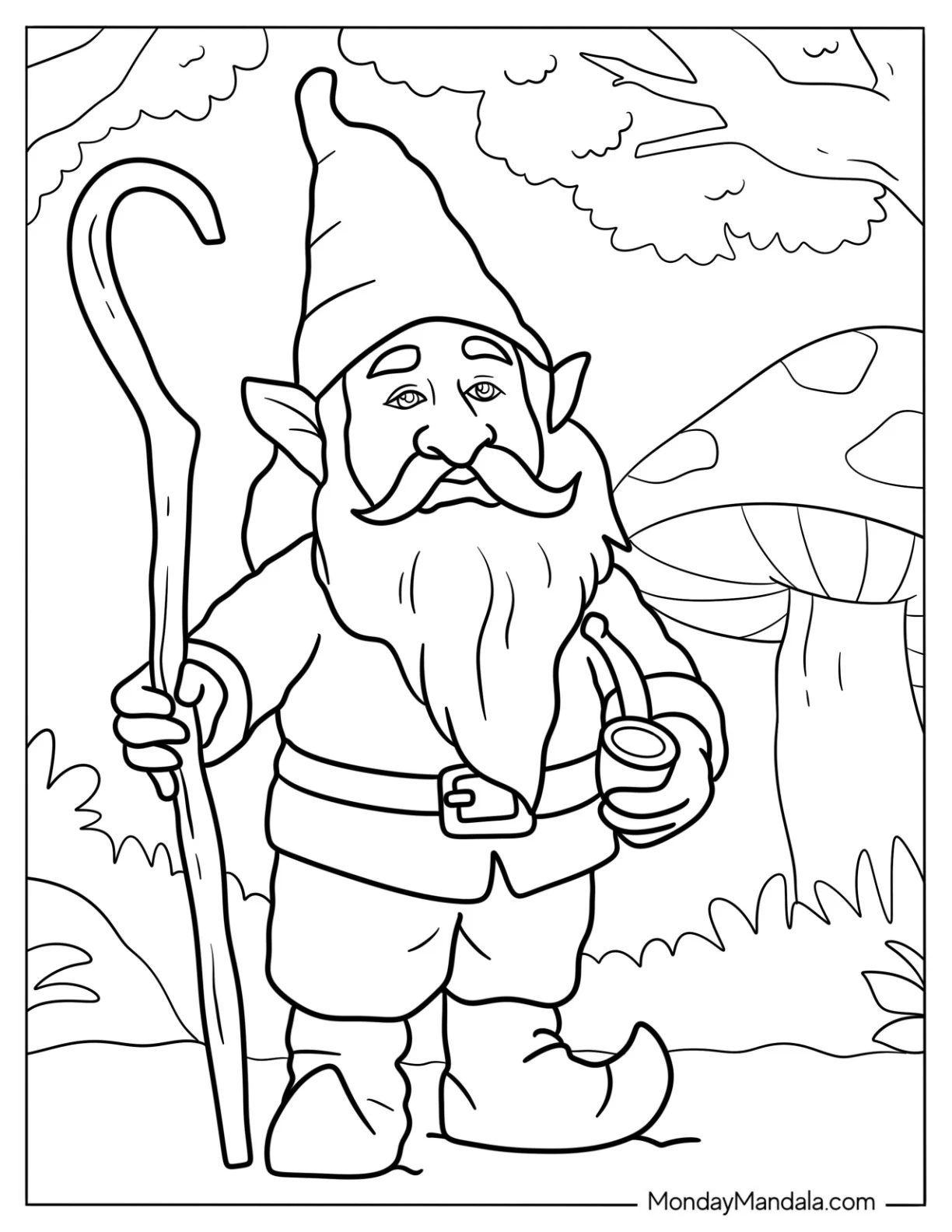 Serious Gnome Coloring Page Holding A Pipe And A Staff coloring page