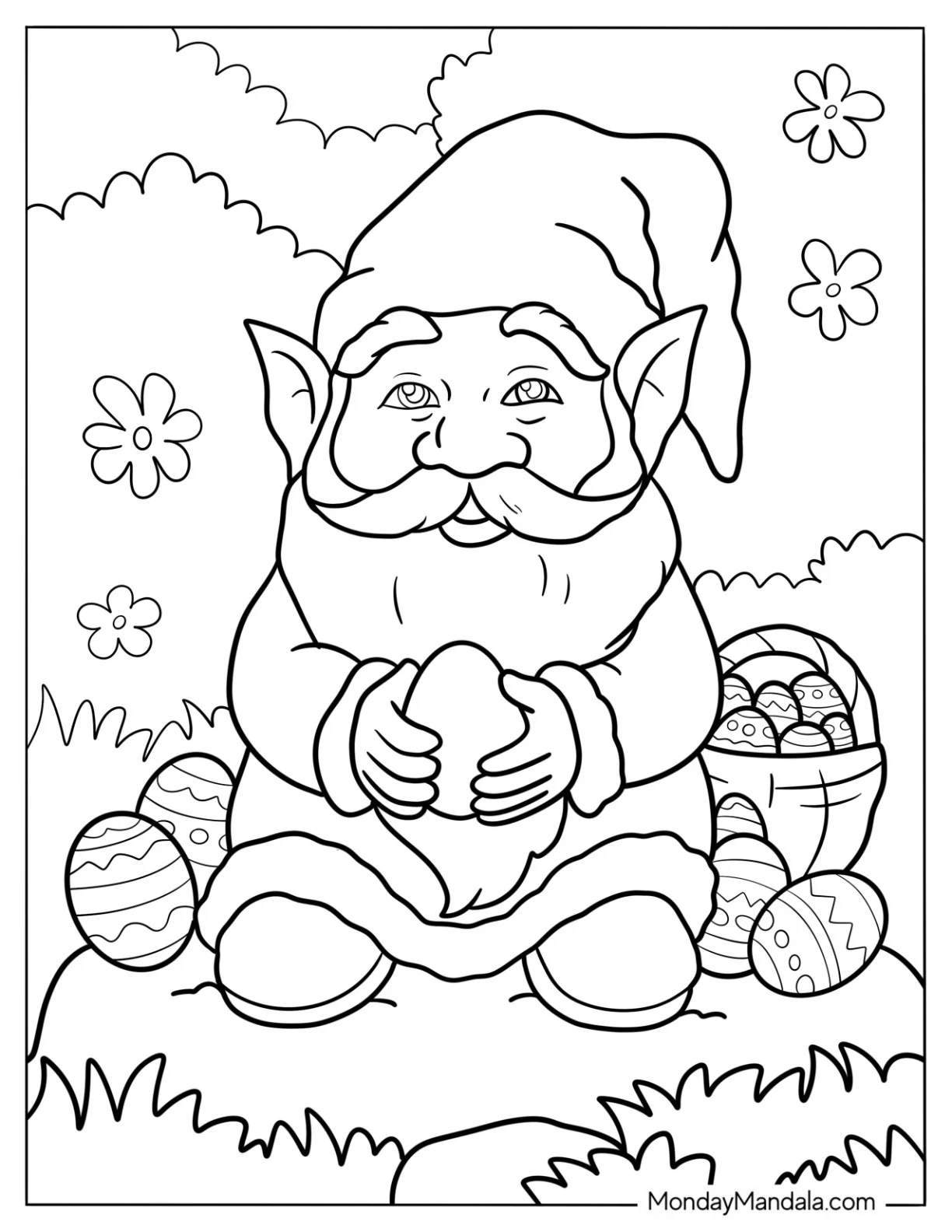 Smiling Gnome Coloring Page Holding Easter Eggs coloring page
