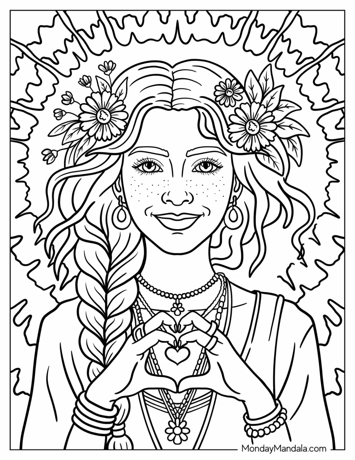 Beautiful Hippie Girl with Braided Hair and Flowers Coloring Page coloring page