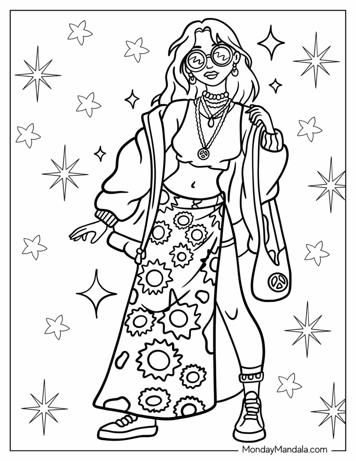 Cool Hippie Coloring Page Of Woman Wearing Sunglasses coloring page