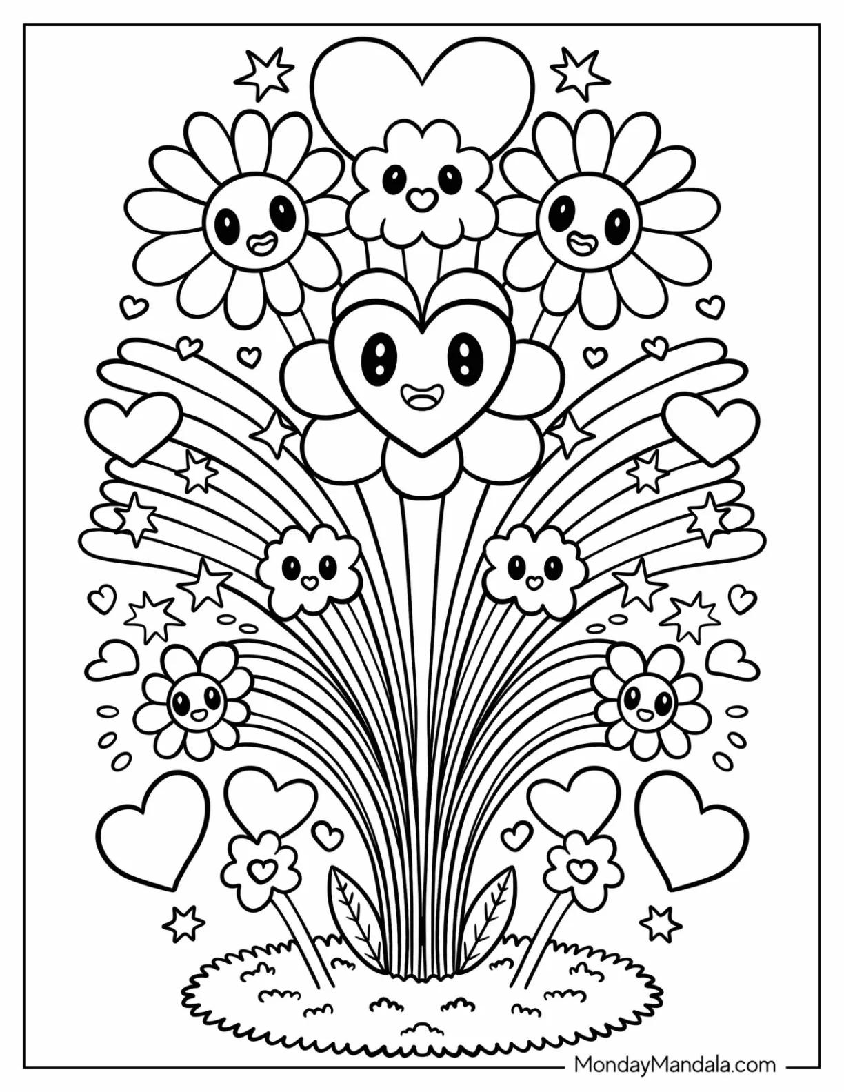 Cute Hippie Flowers Bursting from the Ground Coloring Page coloring page — printable line art