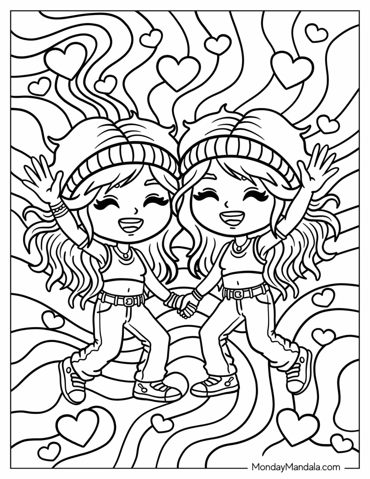 Dancing Hippie Girls with Swirling Background Coloring Page for Kids coloring page