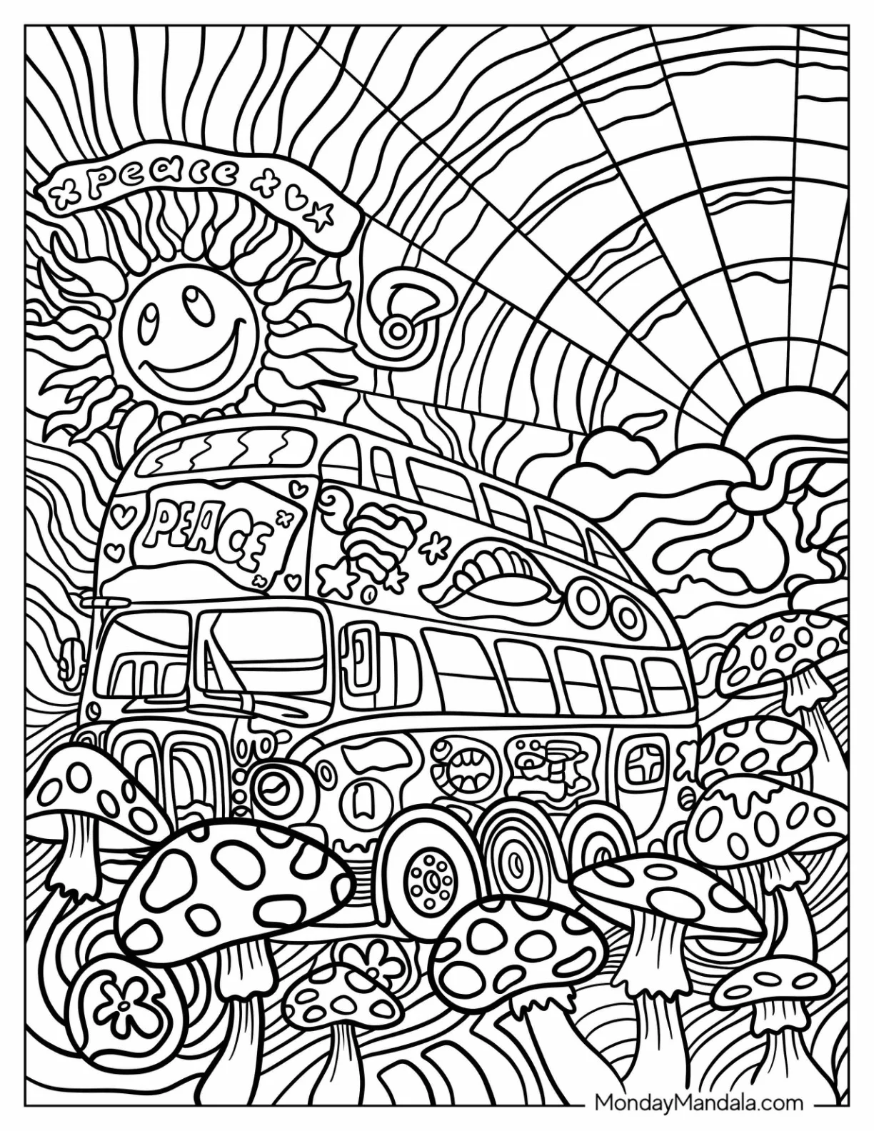 Detailed Two Level Hippie Coloring Page Of Bus On Trippy Road coloring page — printable line art