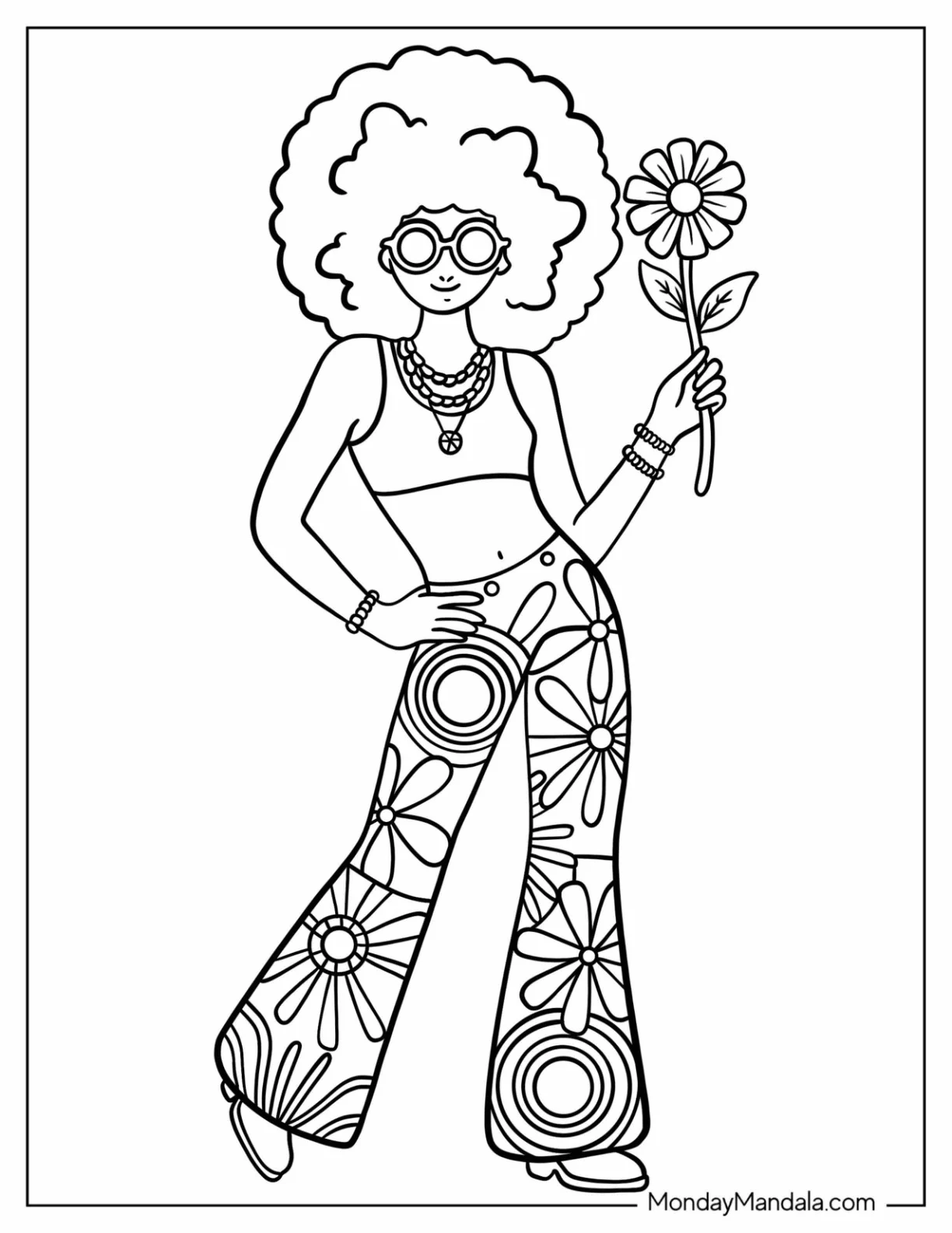 Easy Hippie Girl with Afro Hair, Retro Glasses, and Floral Pants Holding a Flower Coloring Sheet coloring page