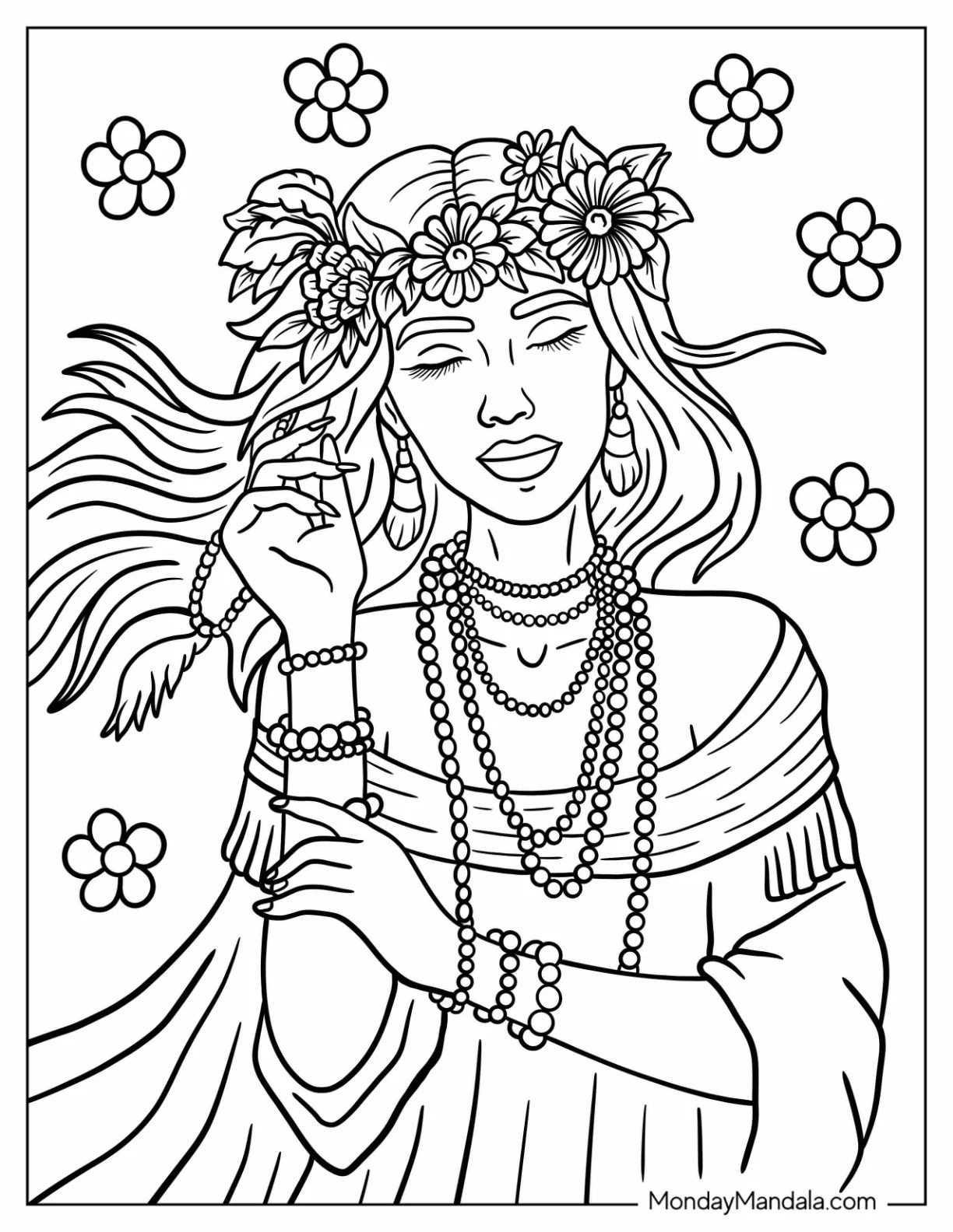 Elegant Hippie Girl with Pearls and Flower Crown Coloring Sheet for Kids coloring page