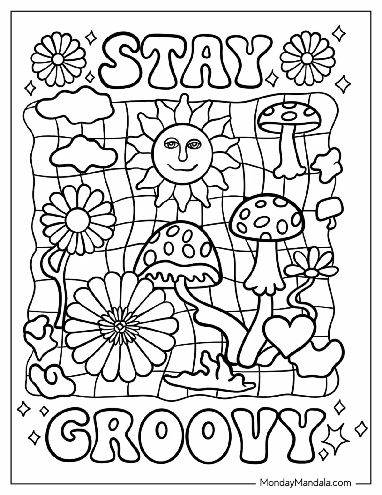 Floral Stay Groovy Hippie Coloring Page For Kids coloring page