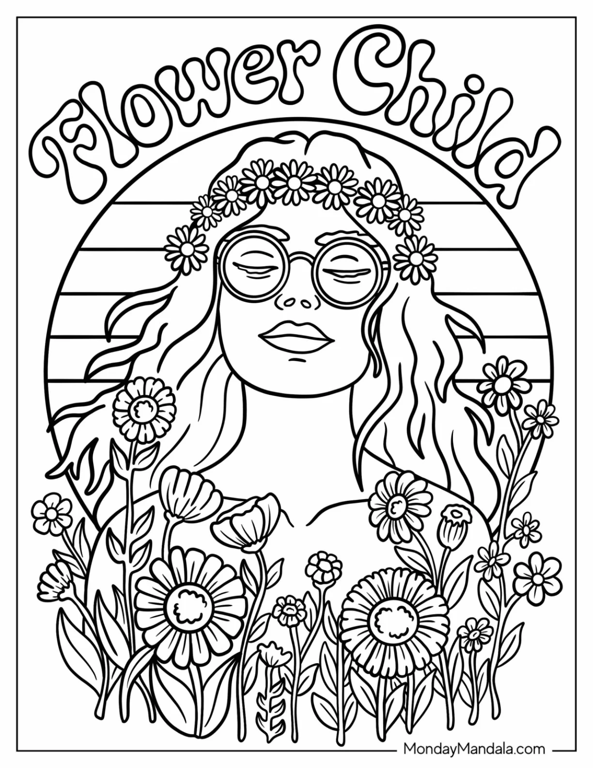 Flower Child Text over Hippie Girl with Daisy Crown Coloring Page coloring page