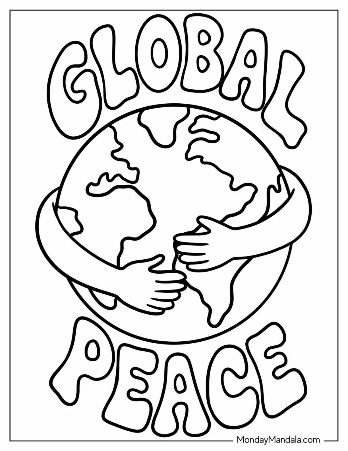 Global Peace Text with Arms Hugging Planet Earth coloring page