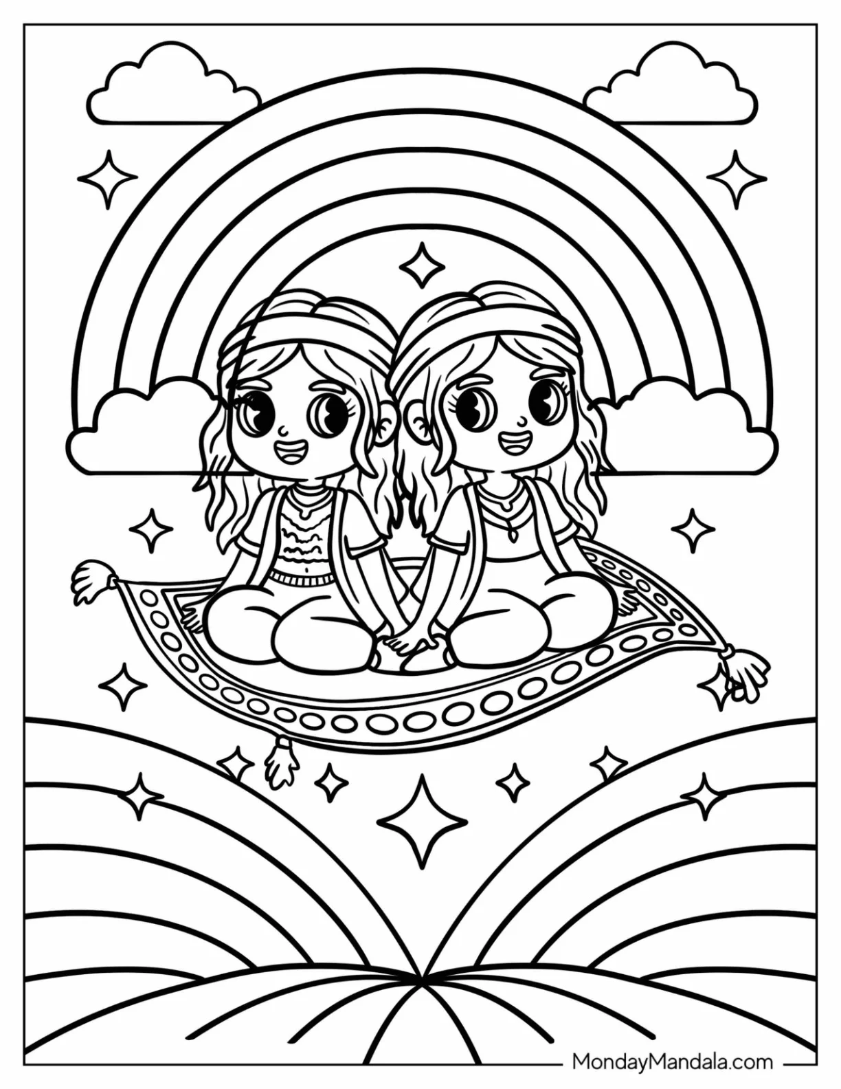 Hippie Boy and Girl on a Flying Carpet with Rainbows and Sparkles coloring page