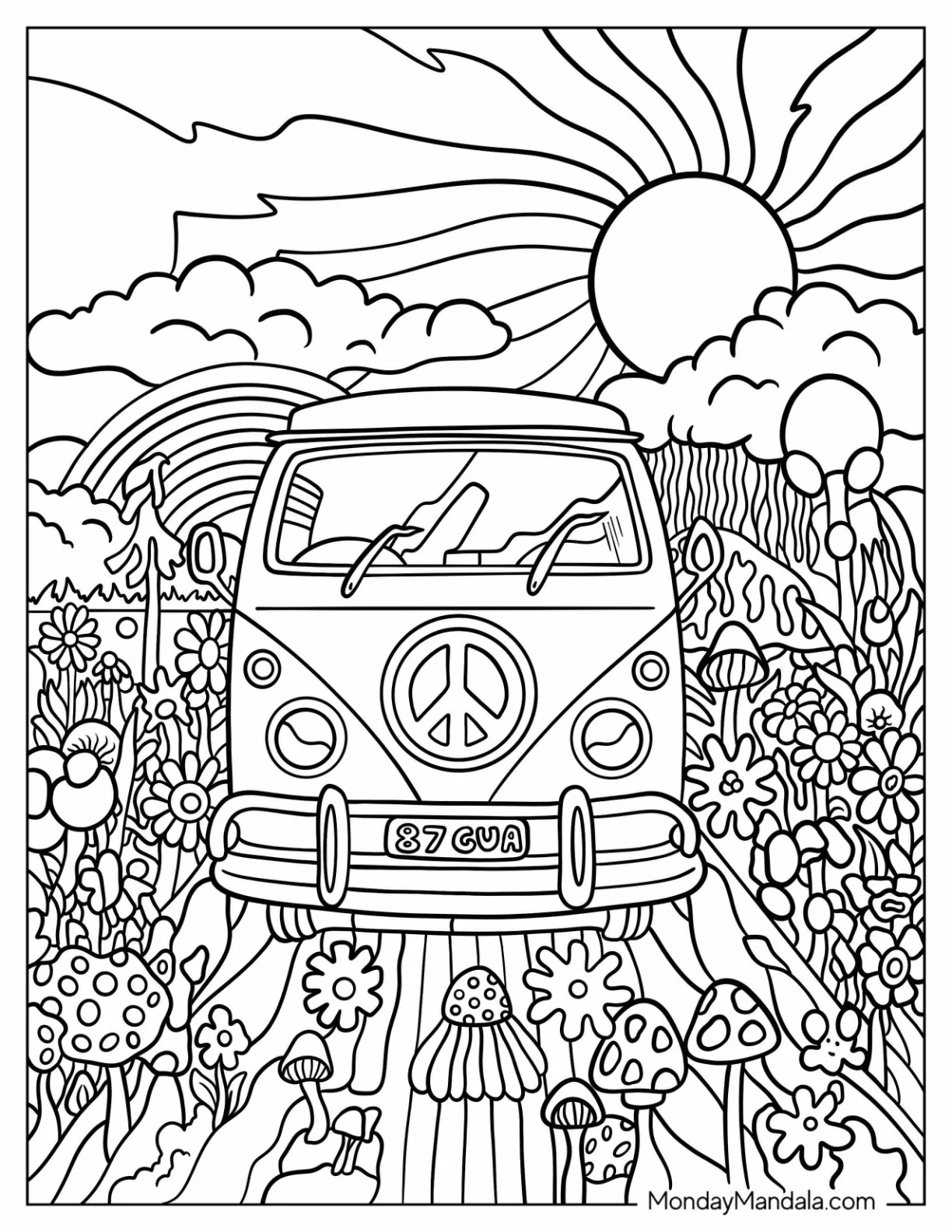Hippie Coloring Page Of Bus In A Trippy Road With Flowers And Mushrooms coloring page — printable line art