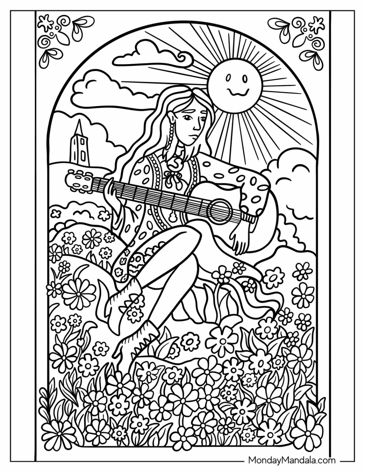 Hippie Coloring Page Of Girl Playing The Guitar On A Flower Field coloring page — printable line art