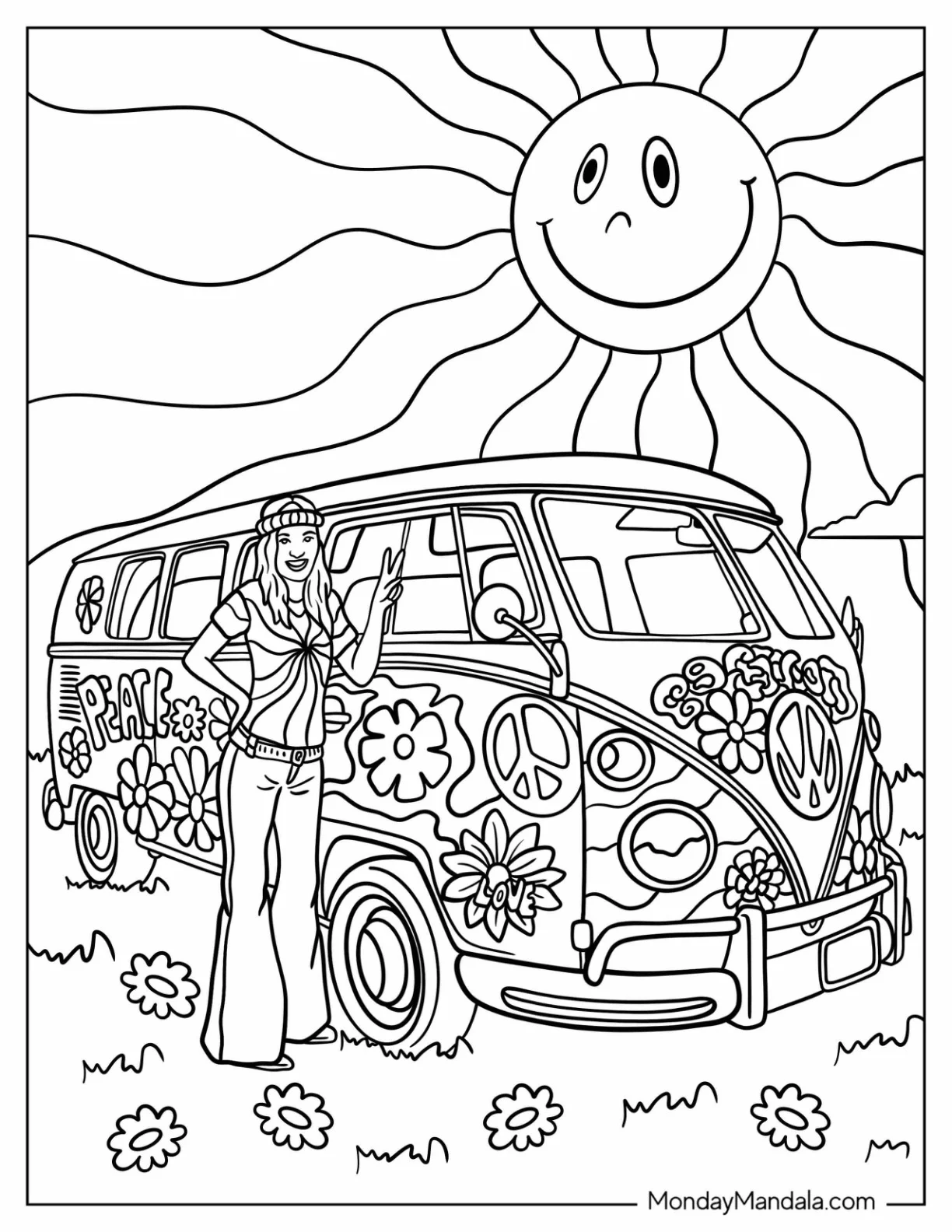 Hippie Coloring Page Of Girl Posing Next To A Volkswagen Bus coloring page — printable line art