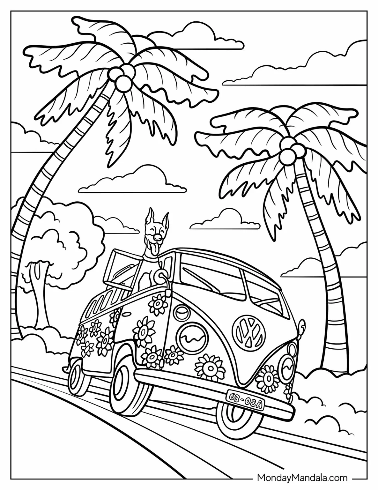 Hippie Coloring Page Of Happy Dog Sticking Out Of A Hippy Bus coloring page — printable line art