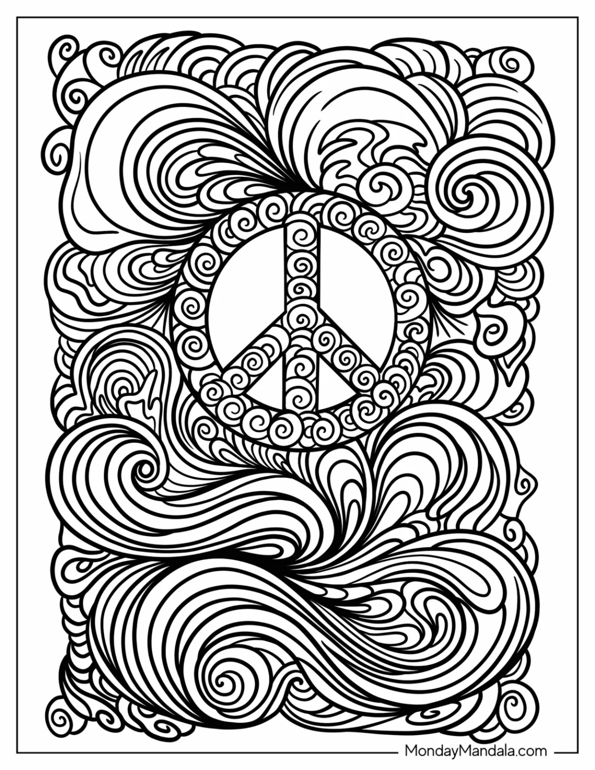 Hippie Coloring Page Of Intricate Peace Sign Surrounded By Waves coloring page