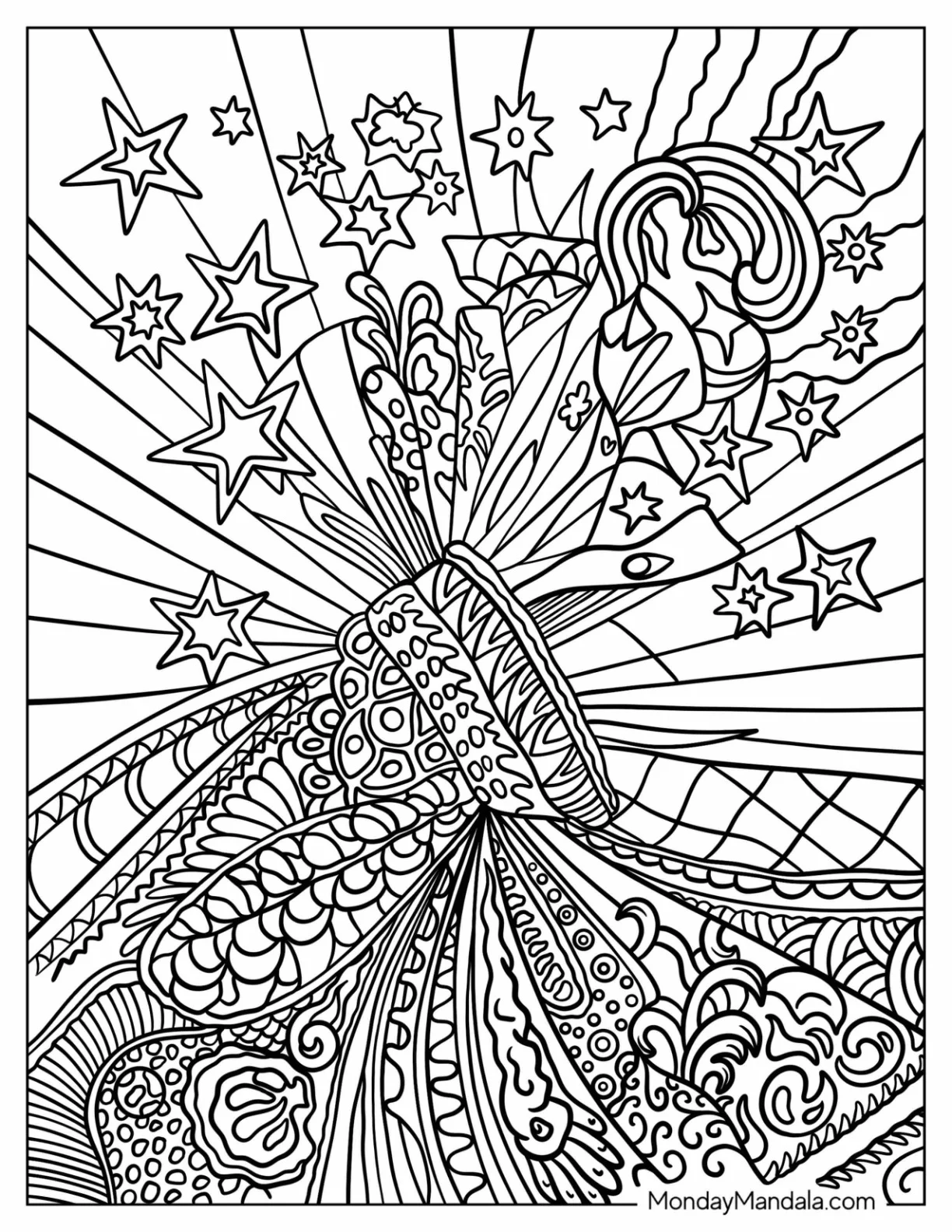 Hippie Coloring Page Of Mandala With Flowers And Stars coloring page