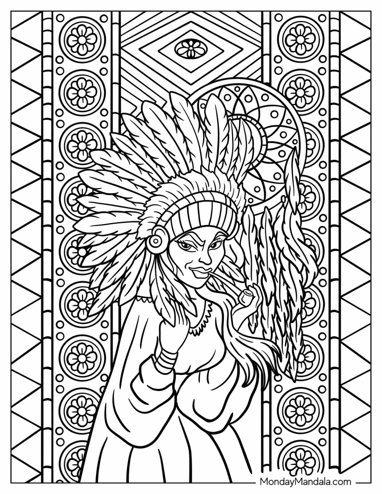 Hippie Coloring Page Of Native American Wearing A Tribal Headdress coloring page — printable line art