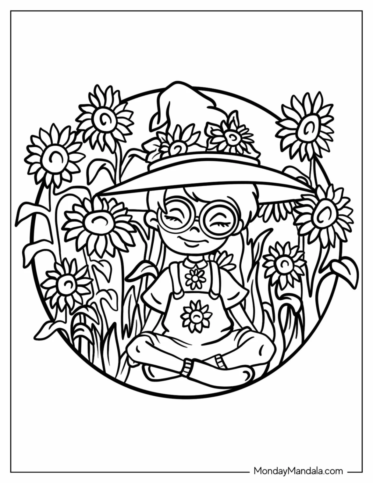 Hippie Coloring Page Of Nerdy Girl With Witch Hat Surrounded By Sunflowers For Kids coloring page