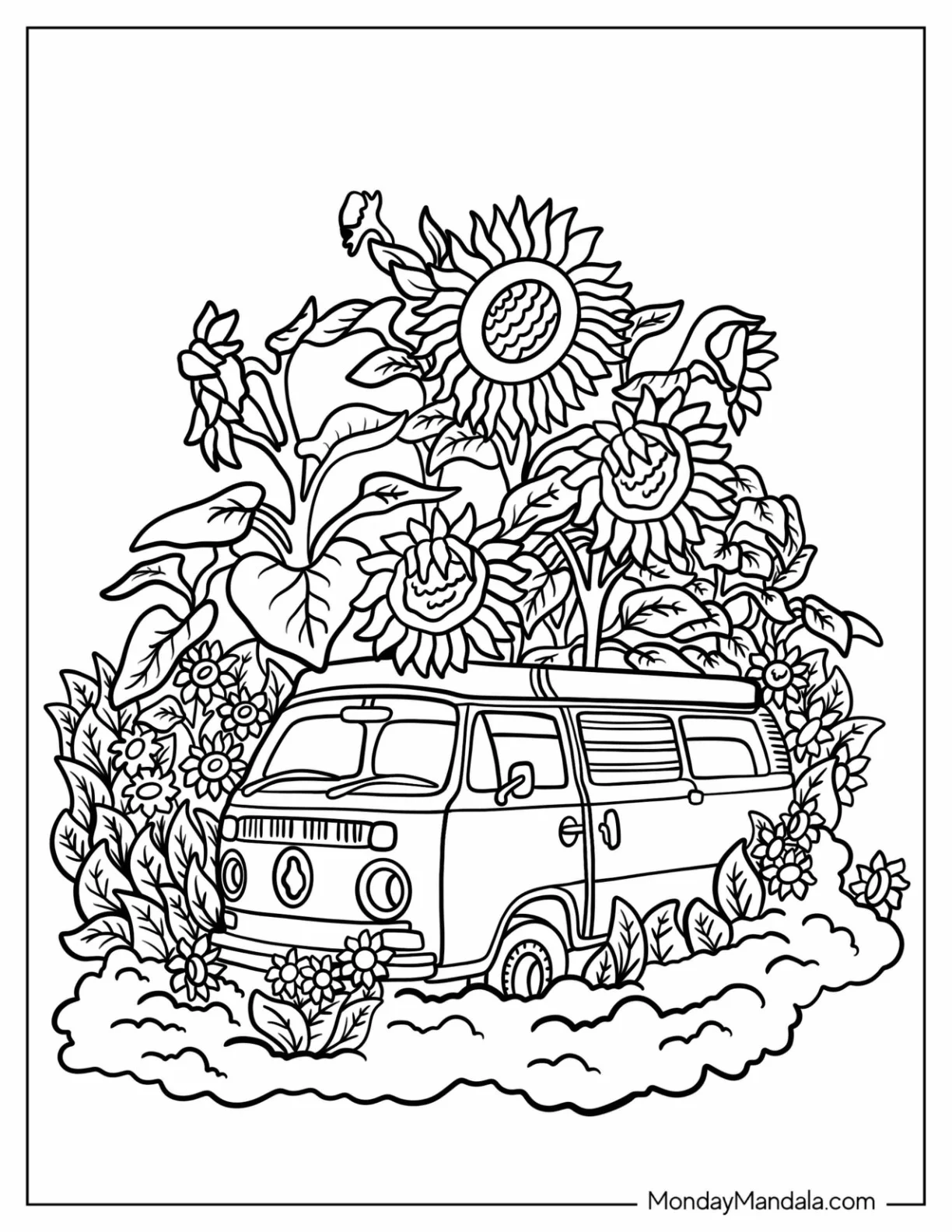 Hippie Coloring Page Of Volkswagen Bus Surrounded By Giant Flowers coloring page — printable line art