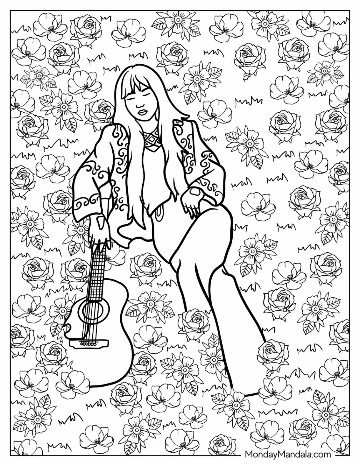 Hippie Coloring Page Of Woman Lying On A Flower Field While Holding Her Guitar Coloring Sheet coloring page